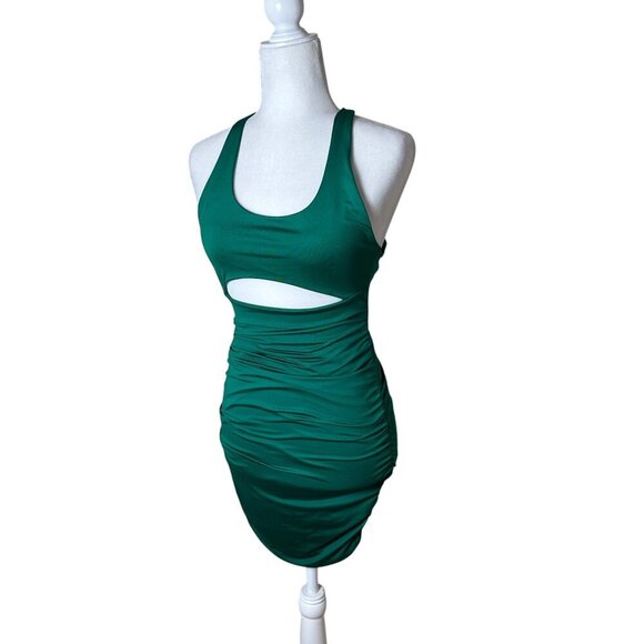 Emerald Green Ruched Cut Out Tie Back Stretch Mini Dress Size Small - Picture 1 of 9